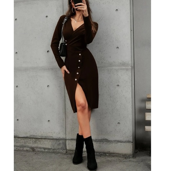 Boho navy blue button detail asymmetrical hem wrap dress - Picture 7 of 14